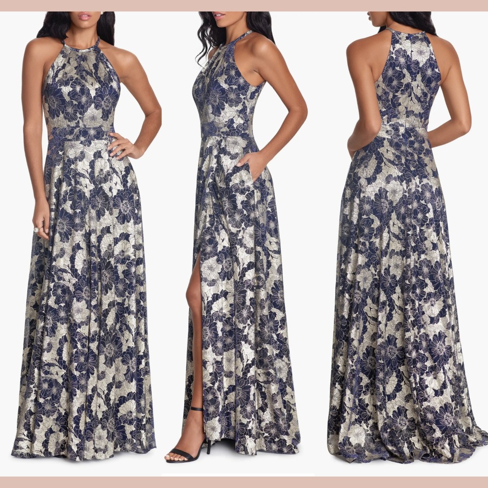NEW $279 Betsy & Adam [ 10 ] Metallic Floral Halter Top Gown Navy Gold #Q1249‎